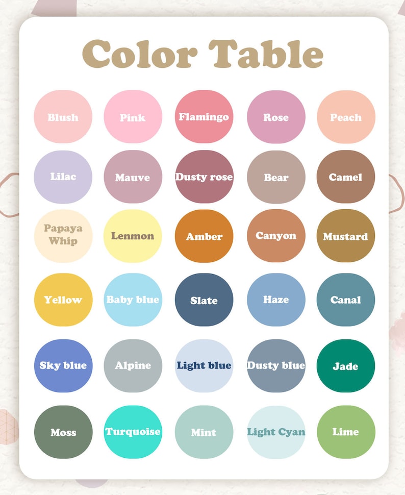 May include: A rectangular color chart titled Color Table featuring thirty circular swatches arranged in six rows and five columns. Each circle contains a specific color name in white text, including Blush, Pink, Flamingo, Rose, Peach, Lilac, Mauve, Dusty rose, Bear, Camel, Papaya Whip, Lenmon, Amber, Canyon, Mustard, Yellow, Baby blue, Slate, Haze, Canal, Sky blue, Alpine, Light blue, Dusty blue, Jade, Moss, Turquoise, Mint, Light Cyan, and Lime.