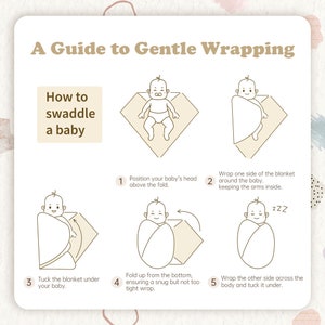 May include: An instructional infographic titled A Guide to Gentle Wrapping: How to swaddle a baby. It features five numbered steps with line art illustrations showing a baby being wrapped in a blanket, ending with a sleeping baby and zzz text.