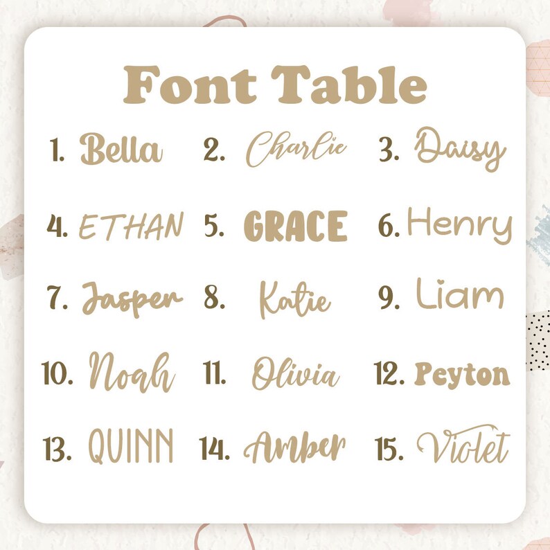 May include: A white font table chart featuring the heading Font Table in large tan letters. Below are fifteen numbered options displaying various tan typography styles, including names like Bella, Charlie, Daisy, Ethan, Grace, Henry, Jasper, Katie, Liam, Noah, Olivia, Peyton, Quinn, Amber, and Violet.