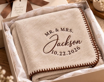 Personalized Sherpa Throw Blanket, Custom Embroidered Blanket for Couple, Newlywed Gift, Christmas Gift, Home Deco, House Warming Gifts