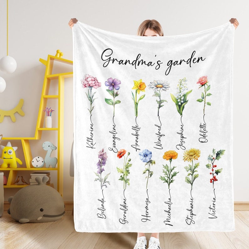 Personalized Birthday Flower Blanket,Custom Mom's Garden Blanket,Birthday Flower With Name,Gift For Mom From Daughter/Son,Special Keepsake zdjęcie 1