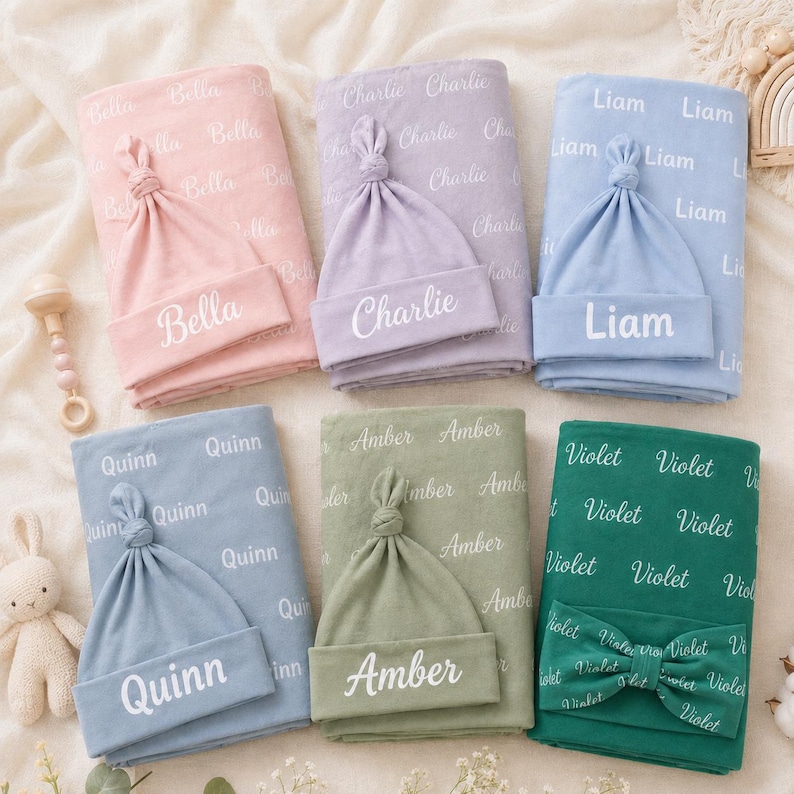 May include: Six sets of baby blankets and matching hats in pink, lavender, light blue, dusty blue, sage green, and dark green. Each item features a repeating name pattern and a single large name printed on the front, including Bella, Charlie, Liam, Quinn, Amber, and Violet.