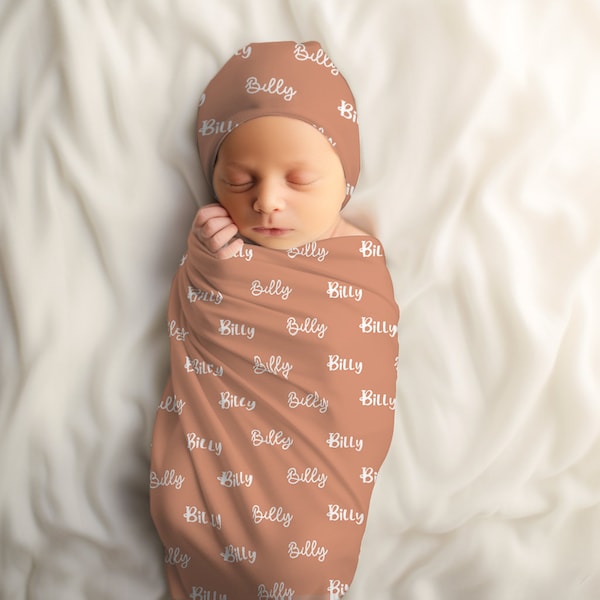 Couverture d'emmaillotage personnalisée pour nouveau-né, couverture prénom, emmaillotage pour hôpital, cadeau de naissance personnalisé pour nouveau-né, robe d'emmaillotage en tissu laiteux avec noeud pour chapeau