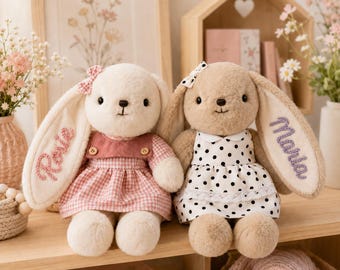 Personalized Bunny Plush with Name on Ear, Hand Embroidered Rabbit Stuffed Animal, Custom Baby Shower Gift, First Easter, Flower Girl Favors