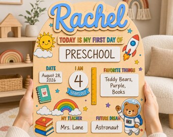 Personalized Wooden First Day of School Sign, Reusable Milestone Board, SignPhoto Prop,  Interchangeable First & Last Day of School Keepsake