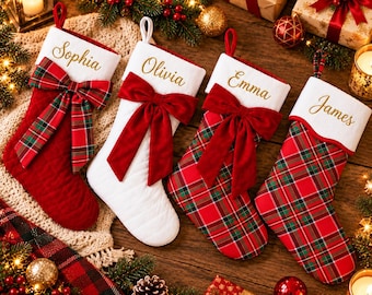 Personalized Christmas Stocking with Name, Custom Embroidered Stocking, Plaid Xmas Stocking, Family Christmas Decor, Kids Holiday Gift