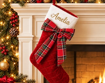 Embroidered Christmas Stocking, Personalized Plaid Stocking with Velvet Bow, Custom Name Xmas Stocking, Christmas Mantel Decor, Family Gift
