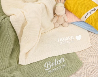 Manta de bebé tejida a mano, manta personalizada con nombre para recibir al bebé, regalo para baby shower para niña/niño, tejido de algodón suave y transpirable.