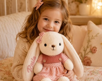 Personalized Bunny Plush, Hand Embroidered Name Rabbit Stuffed Animal, Baby Shower Gift for Girls, First Easter, Flower Girl Favors