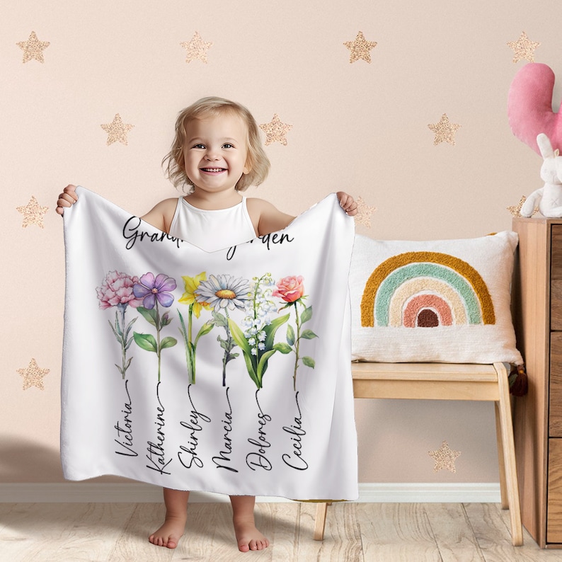 Couverture d'anniversaire personnalisée avec fleurs, couverture de jardin personnalisée pour maman, fleur d'anniversaire avec nom, cadeau pour maman d'une fille ou d'un fils, souvenir spécial image 2