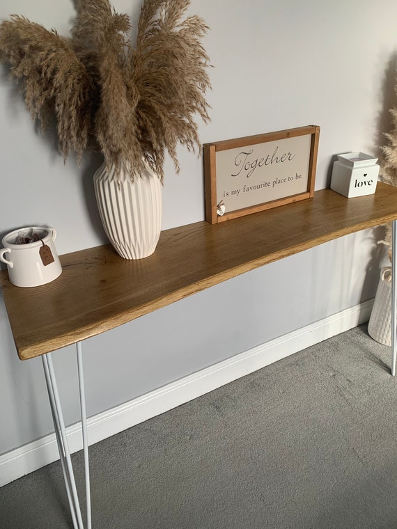 Oak Console Table White Hairpin Legs Live Edge Etsy