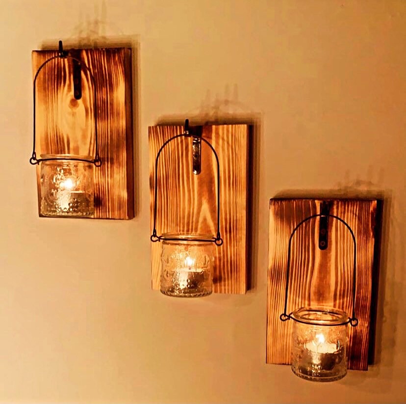 Wall Mounted Candle Holders Burnt Wood Mason Jar Sconse Set Etsy UK
