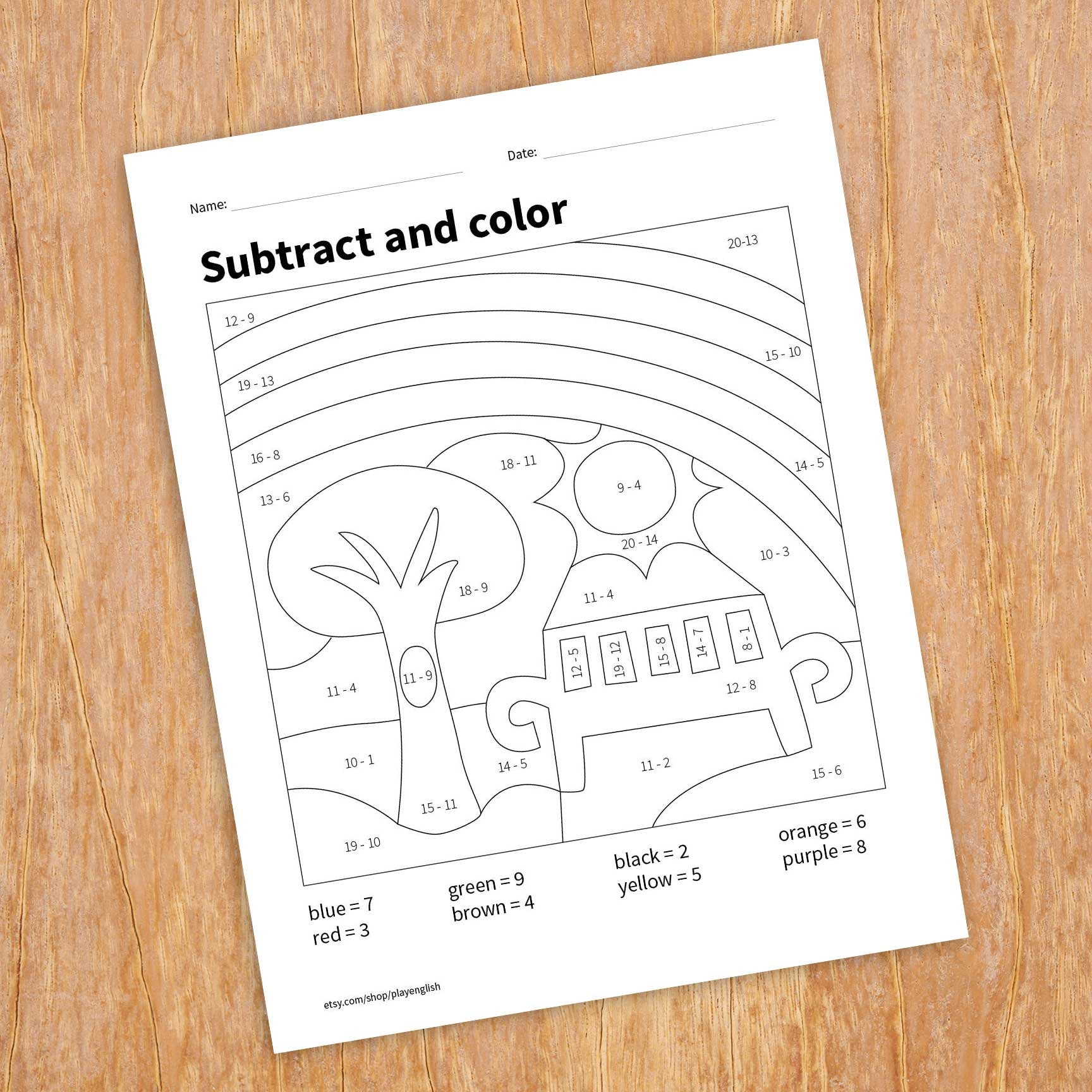 Math coloring sheet, subtract and colour, kids 5-8