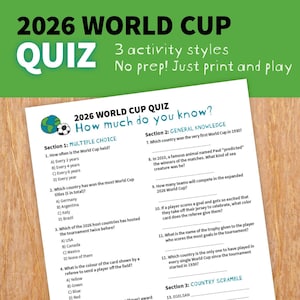 以下が含まれることがあります： 2026年ワールドカップのクイズシート。多肢選択問題、一般知識、国スクランブルセクションがあります。クイズは印刷して遊ぶアクティビティ用に設計されており、「2026 World Cup Quiz」と書かれた緑色のヘッダーが付いています。