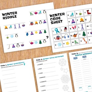 May include: A printable worksheet with three tasks for kids to complete. The tasks are: Winter Brainstorm, Winter Word Scramble, and Winter Wonderland. The worksheet features winter-themed images and words.