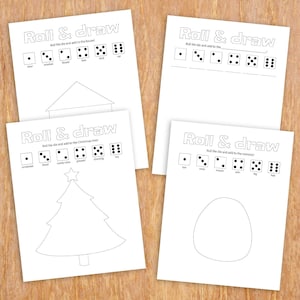 Roll and Draw, dice game for kids, Christmas tree dice activity