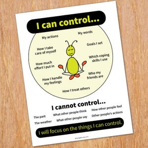 以下が含まれることがあります： 円の中心に瞑想している黄色の漫画の虫が描かれた印刷可能なポスター。円は、「私はコントロールできます...」というテキストで区切られたセクションに分かれており、「私の行動」、「私の言葉」、「どのように自分自身をケアするか」、「どれだけの努力を払うか」、「どのように自分の感情に対処するか」、「どのように他人を扱うか」、「私が設定した目標」、「私が使用する対処スキル」、「私の友人が誰か」などがリストされています。ポスターには、「私はコントロールできません...」というセクションも含まれており、「過去」、「天気」、「他の人が何を考えているか」、「他の人が何を言っているか」、「他の人がどのように感じているか」、「他人の行動」などがリストされています。ポスターは、「私はコントロールできることに集中します。」というテキストで終わります。