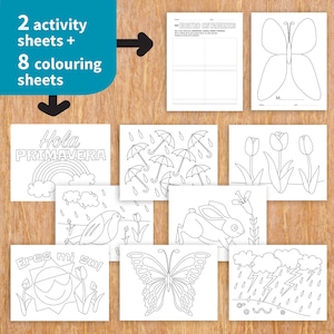 Spanish Spring activity bundle, spring + seasons worksheets, colouring pages