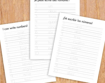 Hojas de calco de los números 1 al 10, inglés, español y francés