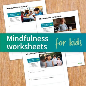 May include: Mindfulness worksheets for children, with images of kids and prompts for reflection. The worksheets are printed on white paper and include text such as "Mindfulness activity 1" and "Mindfulness worksheets for kids."