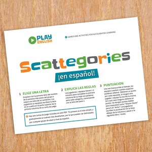 May include: A colorful printable game card with instructions for playing the game "Scattegories" in Spanish. The card has a green, orange, and yellow title with the text "Scattegories &iexcl;en espa&ntilde;ol!" and three numbered sections: 1. "Elige una letra", 2. "Explica las reglas", and 3. "Puntuaci&oacute;n".