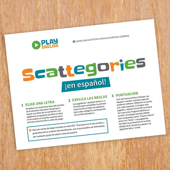 Spanish Scattegories, printable vocab activity, category game