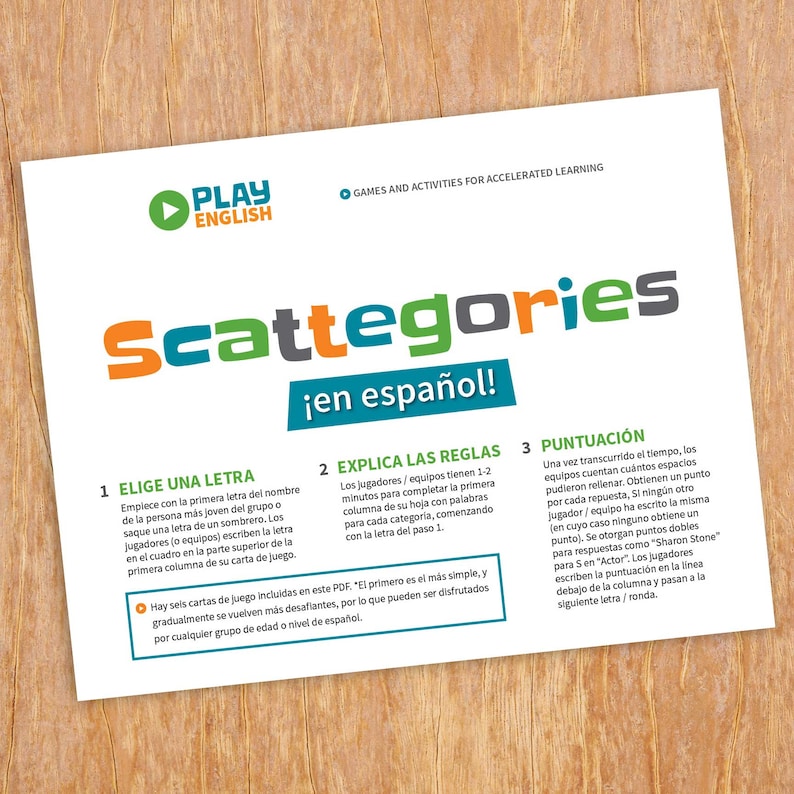 May include: A colorful printable game card with instructions for playing the game "Scattegories" in Spanish. The card has a green, orange, and yellow title with the text "Scattegories &iexcl;en espa&ntilde;ol!" and three numbered sections: 1. "Elige una letra", 2. "Explica las reglas", and 3. "Puntuaci&oacute;n".