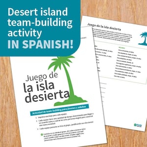 May include: A teal banner with white text reads "Desert island team-building activity IN SPANISH!". Below, a white sheet displays the title "Juego de la isla desierta" with a green palm tree graphic. The sheet is a team-building activity.
