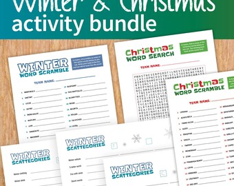 Christmas activity bundle printable, winter classroom party games, holiday word search pdf