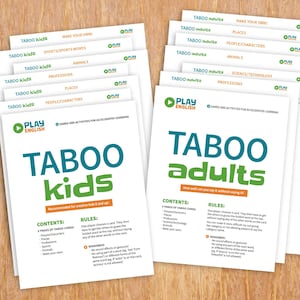 Op de afbeelding: Twee sets Taboo-spelkaarten, een voor kinderen en een voor volwassenen. De kaarten zijn wit met groene en rode tekst. De tekst op de kaarten bevat de speltitel "Taboo" en de categorieën van de woorden op de kaarten, zoals "Mensen/Karakters", "Plaatsen", "Beroepen", "Sport", "Dieren" en "Maak je eigen!"