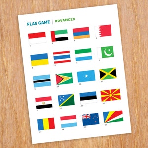 Printable flag game, worksheet and teacher guide, advanced version