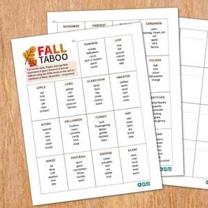 May include: A printed game card titled "Fall Taboo" with various autumn-themed words like "pumpkin," "apple," and "corn." The card is designed for a word-guessing game, with a grid layout and colorful text.