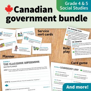May include: A Grade 4 & 5 Canadian government educational bundle featuring service sort cards, role play cards, a classroom referendum master planner, and a leadership loop card game. The materials include text, illustrations, and activity sheets.
