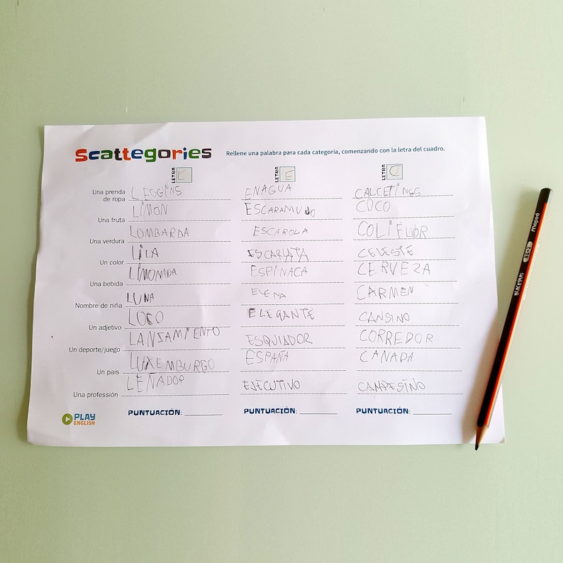 May include: A white sheet of paper with the word "Scattegories" printed at the top. The paper is divided into three columns, each with a different letter at the top. Under each letter, there are several categories, and the player must write a word that fits the category and starts with the letter at the top of the column. The categories include "a piece of clothing", "a fruit", "a vegetable", "a color", "a drink", "a girl's name", "an adjective", "a sport/game", "a country", and "a profession".