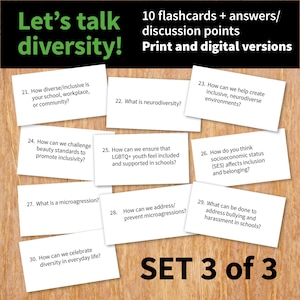 Cartões de perguntas para discussão sobre diversidade, CONJUNTO 3 de 3, atividade DE&I