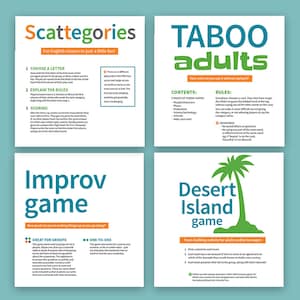 Juego imprimible Taboo, Scattegories, Improv y Desert Island