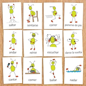 Jogo Simon Says em espanhol, jogo de cartas para imprimir, flashcards de verbos em espanhol