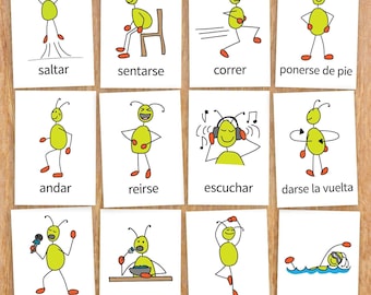 Simon Says flashcards – basic Spanish verbs with fun, original illustrations