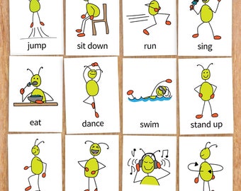 Simon Says ESL flashcards – basic English verbs with fun, original illustrations