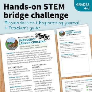 May include: A Hands-on STEM bridge challenge educational kit for grades 4-6, including a mission dossier titled Emergency Canyon Crossing, an engineering journal, and a teacher's guide. The documents feature text, project codes, and instructions.