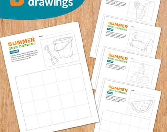 Summer drawing activity, printable grid drawing set