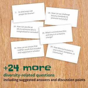 May include: A set of white cards with questions about diversity and inclusion. The cards are on a wooden surface. The text on the cards includes questions like "How can we ensure that LGBTQ+ youth feel included and supported in schools?" and "How can we challenge beauty standards to promote inclusivity?" The text at the bottom of the image reads "+24 more diversity-related questions including suggested answers and discussion points."