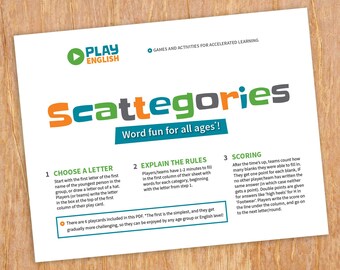 Scattegories game, printable word game, kids and adults scattergories