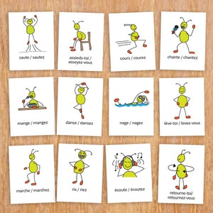 Jogo de francês Simon Says, jogo de cartas para imprimir, verbos franceses