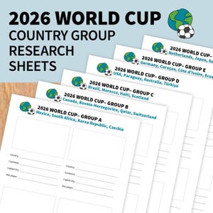 May include: A set of 2026 World Cup country group research sheets featuring a globe and soccer ball graphic. Each white paper sheet includes a group title, a list of countries, and blank fields for country, continent, capital city, and star player.