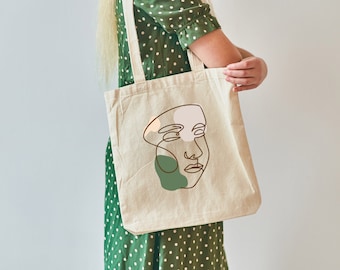 Face Line Art Tote Bag: Organic Cotton Abstract Bag