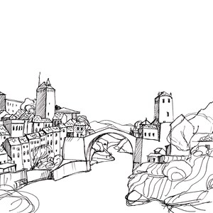 Impresión del antiguo puente de Mostar del dibujo original, arte de la pared de Bosnia, cartel de los Balcanes, arquitectura bosnia arte lineal en blanco y negro por MostArS