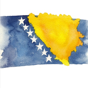 Bandera bosnia y cartel cuadrado del mapa de Bosnia de pintura original en acuarela, decoración bosna, mapas de los Balcanes, mapa del artista, bandera del país europeo