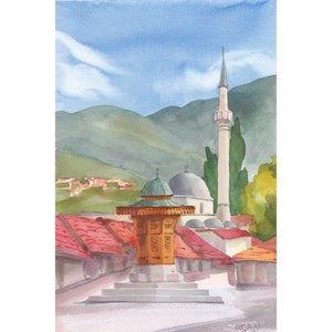 Bosnia print, Mosque painting, Sarajevo watercolor, Islamic wall art, Ottoman architecture, Sebilj scene, Balkan poster by MostArS