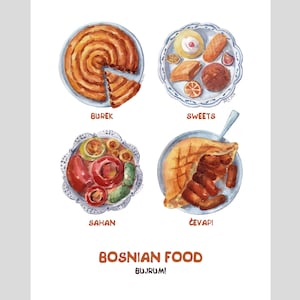 Cartaz de comida dos Balcãs com pintura original, Burek da Bósnia, Cevapi, Sahan, doces turcos, presente da Iugoslávia, impressões albanesas sérvias de MostArS